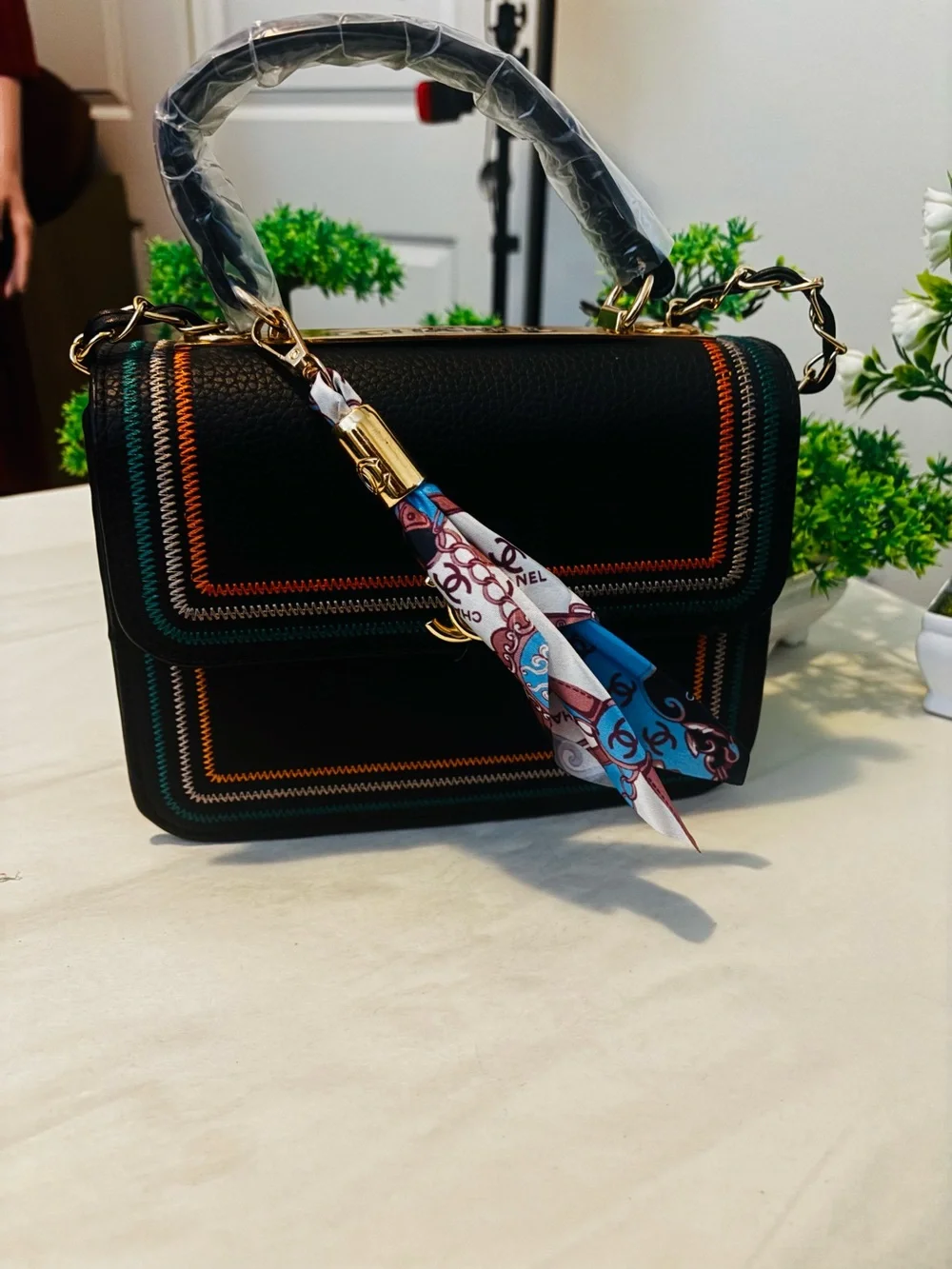 Source Unknown Black Satchel with Multicolor Stitching and Scarf Accent